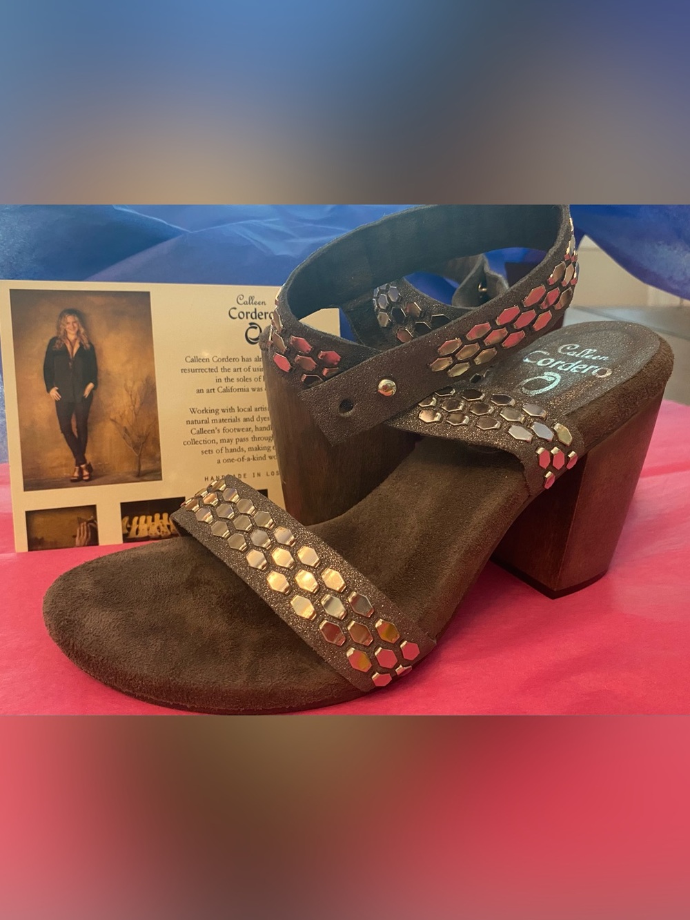 Block Heel Sandals with Silver Hex Stud Accents - Gray